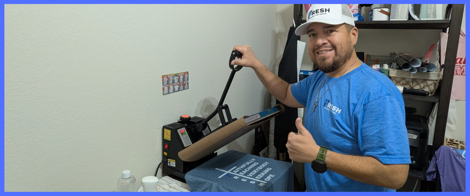Manny producing a FRESH mission shirt in the apparel shop